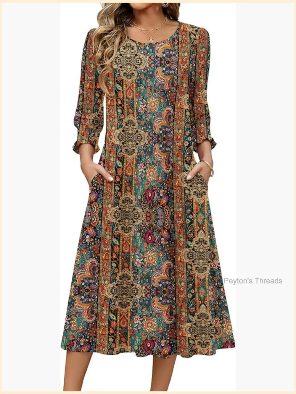 3/4 Sleeve Floral Midi Dress with Pockets Loose Fit Pull On